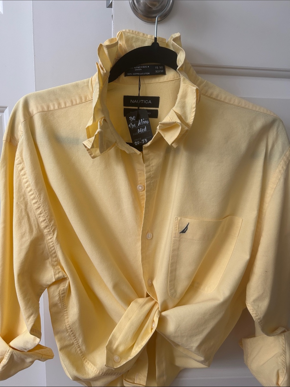 Nautica Yellow  Button-Down Shirt recreated for a woman with ruffled collar.